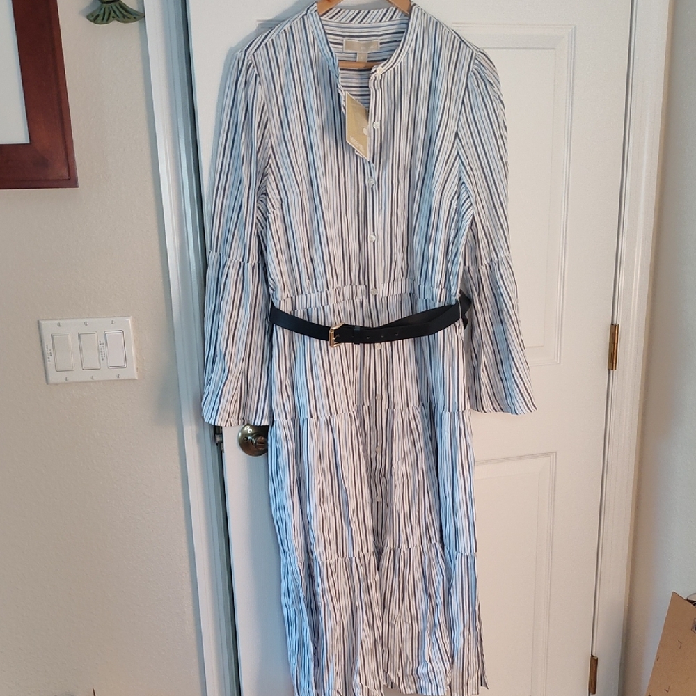 Michael Kors Blue and White Striped Shirt Dress